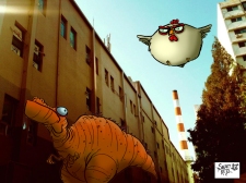 dinosaur in street under chicken 2
